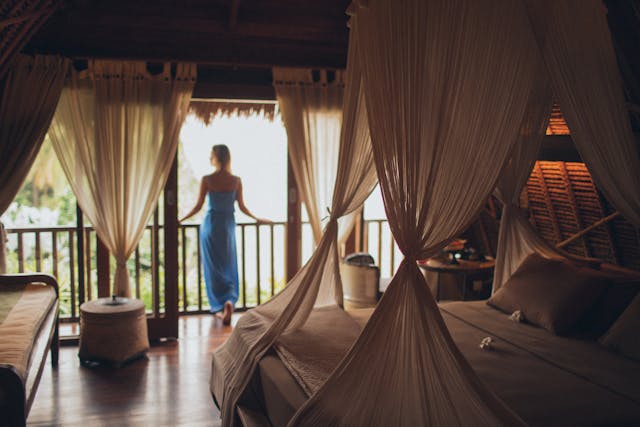 Women enjoying the comfort of hotel Stay