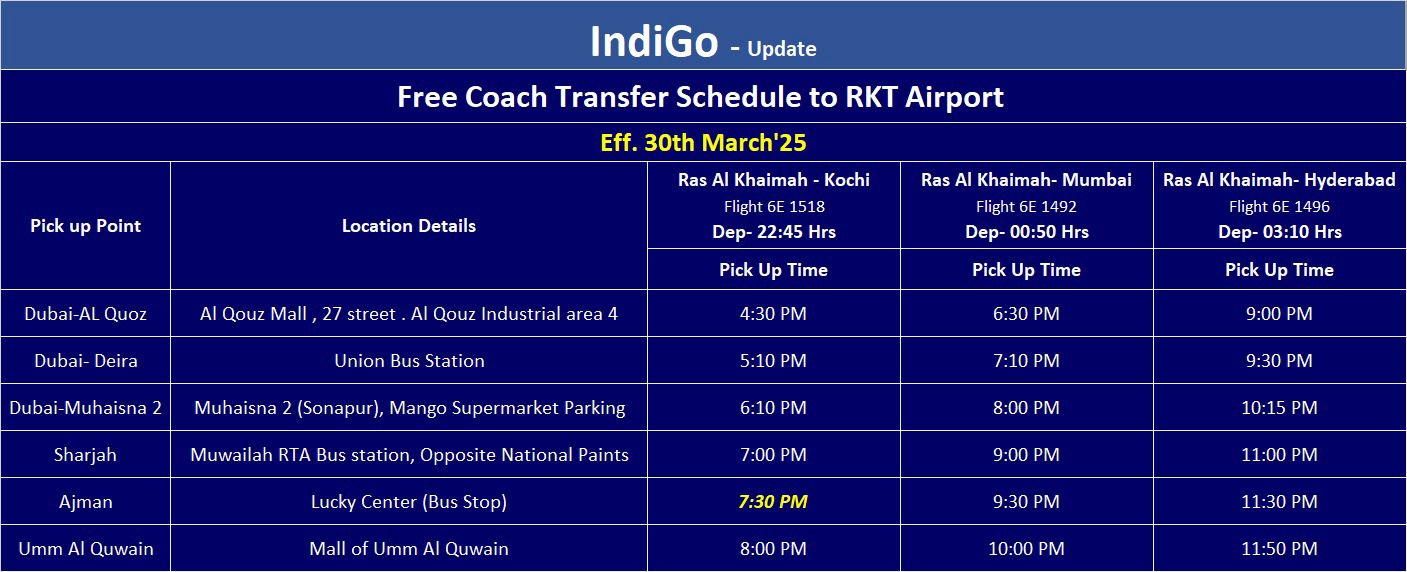 Free IndiGo coach transfer to Fujairah and Ras Al Khaimah airports